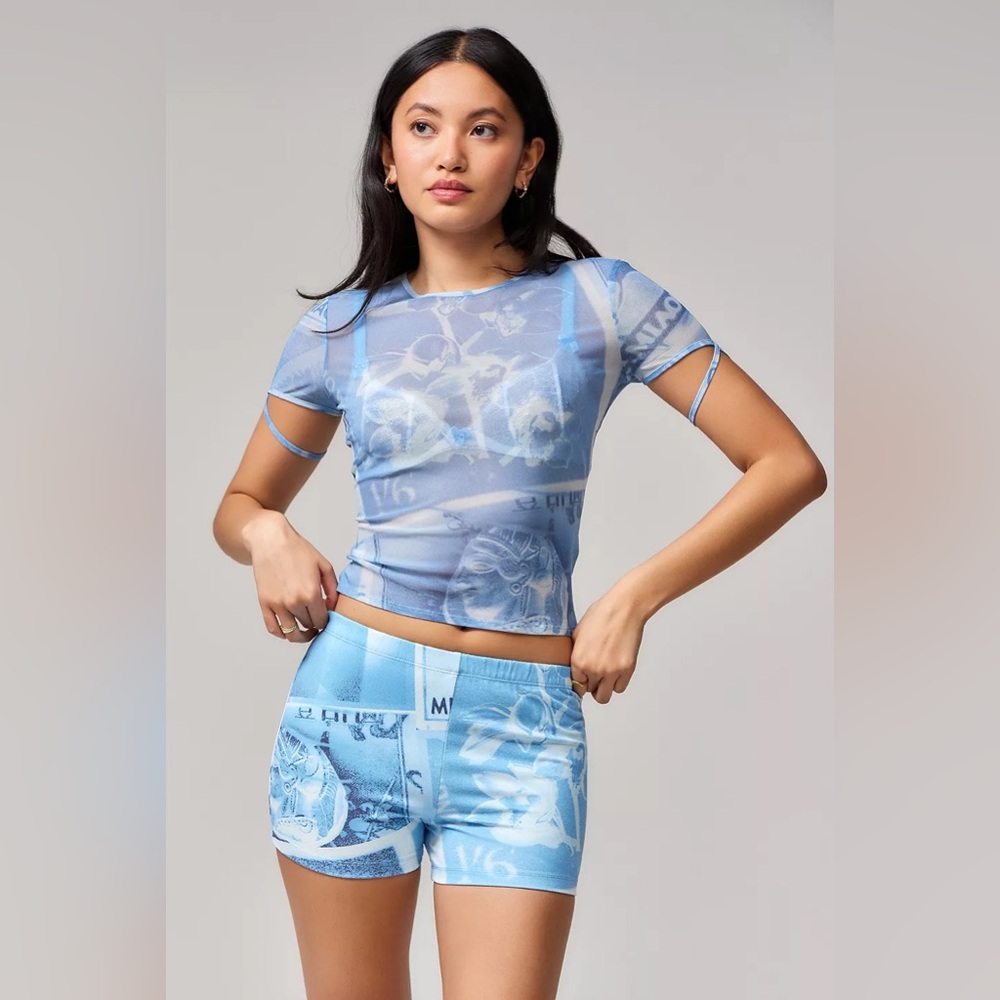 NWT Miaou UO Urban Outfitters Exclusive Stamp Print Shorts AND Mesh Baby Tee SET